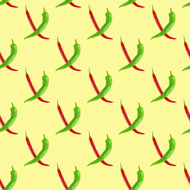 青椒和红椒在淡黄色上的无缝图案。食品背景纹理。最小的概念图片下载