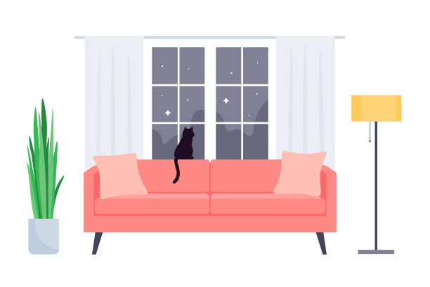 客厅的内部。沙发，植物，窗户，落地灯和猫。素材图片