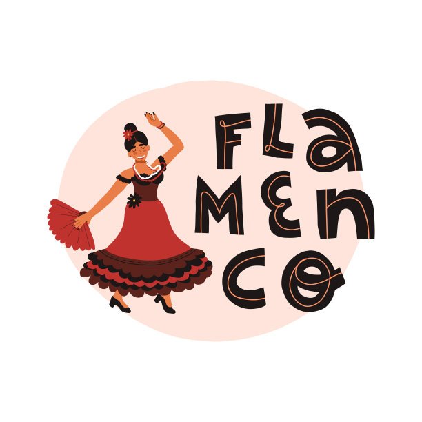 快乐的微笑舞者女孩穿着传统的红色连衣裙，在她的手在一个pas弗拉门戈姿势和手绘字母弗拉门戈文本在西班牙国家颜色的圆形背景。图片下载