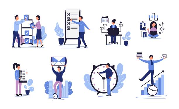 有效的平面字符时间管理集。用沙漏和钟表来完成任务和组织工作过程。业务目标的概念。向量illustraton。图片下载