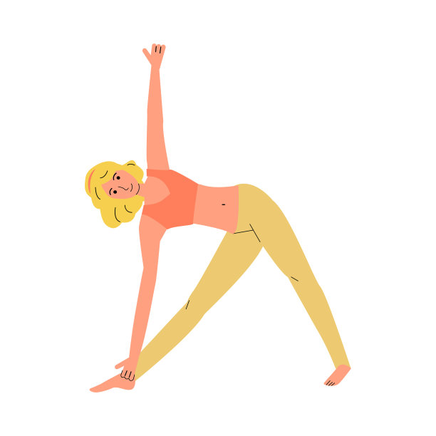 金发女人表演三角形瑜伽体式平面矢量插图孤立。图片下载