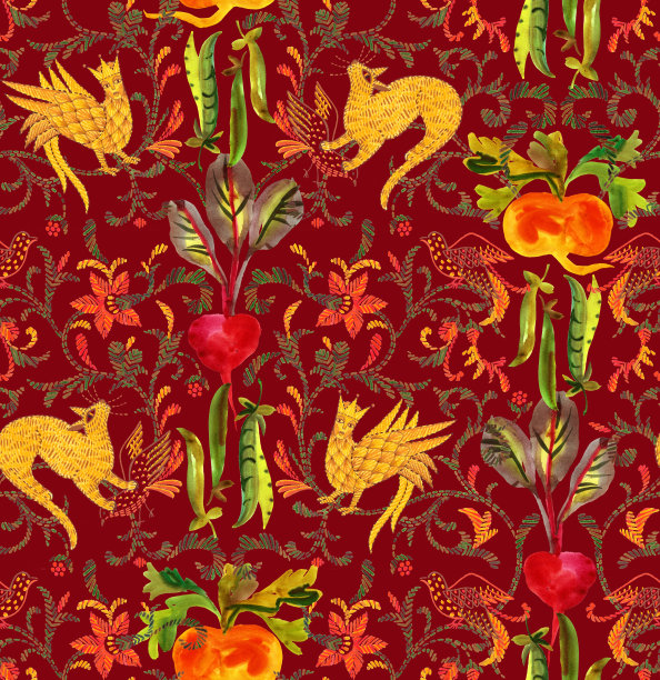 民间风格中的动物无缝图案图片下载