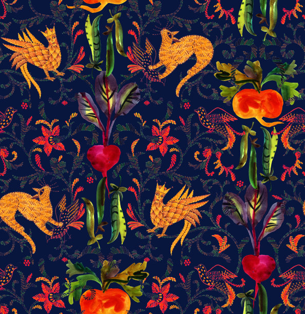 民间风格中的动物无缝图案图片下载