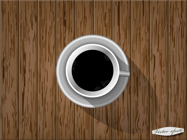 木桌上放着一杯咖啡，俯视图图片下载