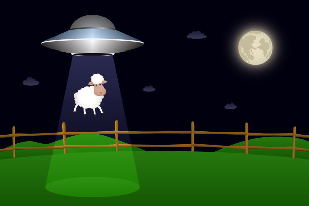 飞碟在晚上从畜栏里绑架羊。矢量图图片下载