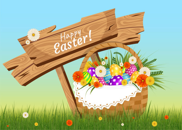 快乐的复活节背景与现实的复活节鸡蛋和鲜花在篮子里。木板上写着复活节快乐的文字。复活节卡片图片下载