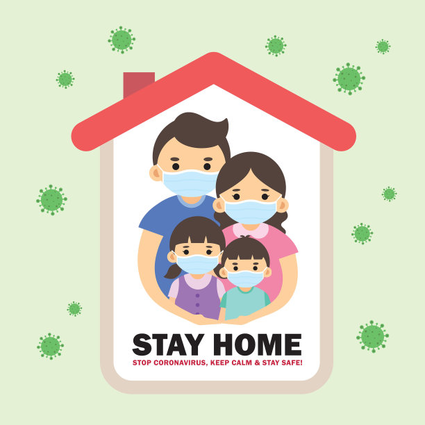 2019冠状病毒病隔离运动——卡通家庭戴医用口罩待在家里图片下载