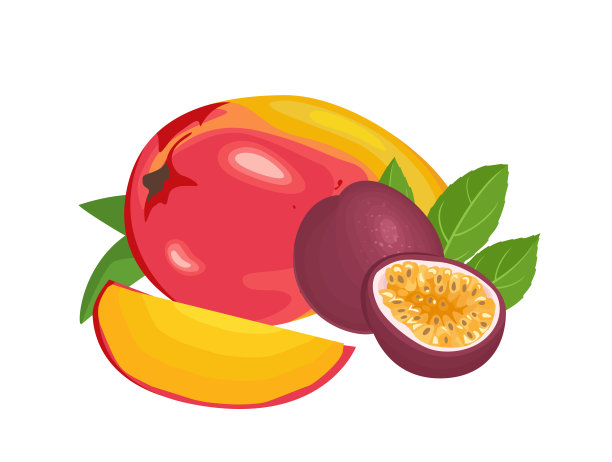 百香果和芒果孤立在白色的背景。横幅上有多汁的热带水果。矢量插图的新鲜甜食在卡通简单的平面风格。图片下载