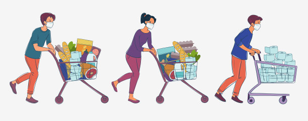 戴着白色医用口罩的妇女和男子推着手推车在超市购物。冠状病毒检疫媒介图解的概念图片下载