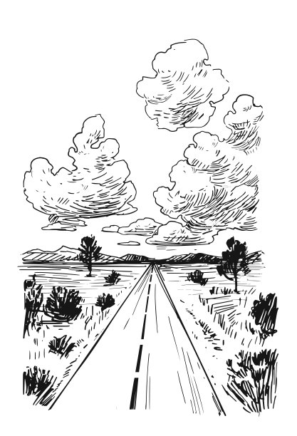 道路和山脉的草图。户外景观。手绘插图转换为矢量。透明背景上的黑色图片下载