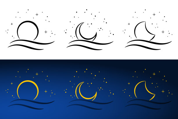 月亮和海手绘。向量夜空云。月光。背景设计。图片下载