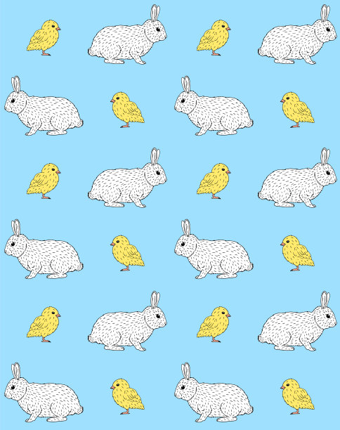 矢量无缝图案复活节手绘涂鸦素描兔子和小鸡图片下载