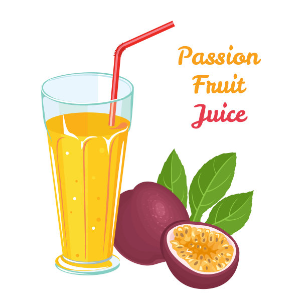 百香果的新鲜果汁在玻璃杯中与稻草隔离在白色的背景。矢量插图的美味热带水果饮料在卡通扁平风格。图片下载
