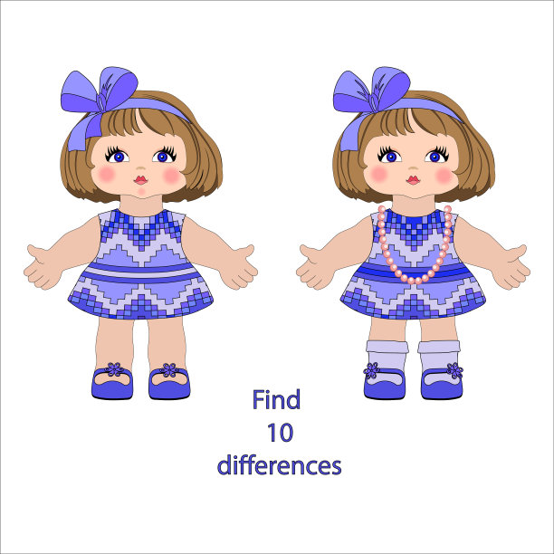矢量卡通插图开发注意活动，找出10个差异。两个可爱的小娃娃角色女孩在一个夏天的连衣裙图案与珠子在他们的颈部特写孤立。图片下载