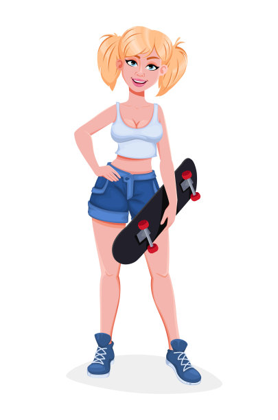 美丽的年轻城市女孩与滑板图片下载