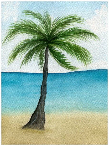 海滩上的棕榈树，水彩画中的热带海滩，热带海滩上的棕榈树夏季景观，充满异域风情的夏季背景素材图片