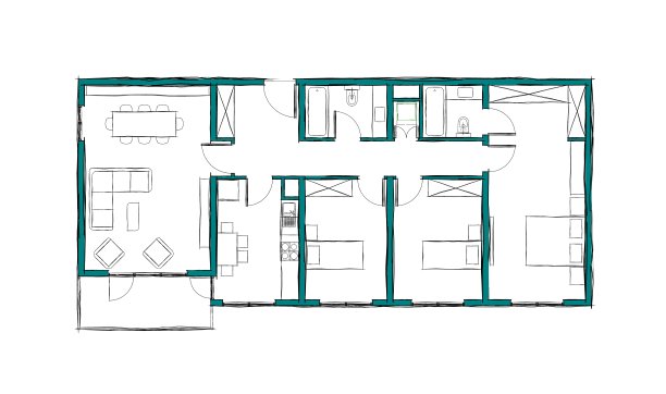 带有阳台的三卧室公寓的插图。图片下载