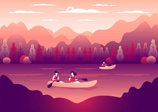 划船、帆船作为一种体育运动或娱乐形式的矢量平面插图。划船的乐趣为所有家庭户外。旅行，乘船游玩。山水伴湖，人泛舟素材图片