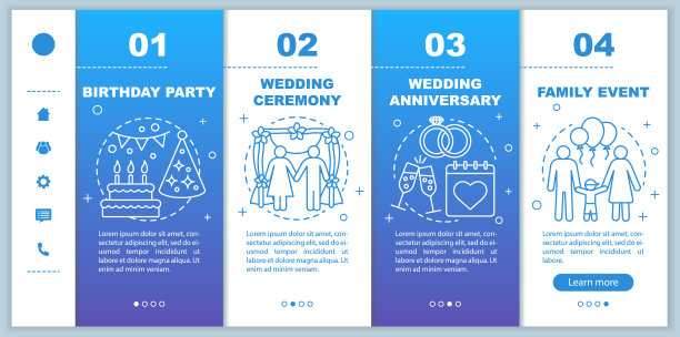 活动管理和策划服务上登移动网页矢量模板。生日聚会，结婚典礼。响应智能手机网站界面与线性插图的想法。网页演练步骤屏幕。颜色的概念图片下载