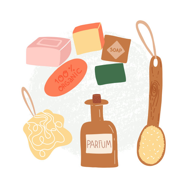 配备了多种颜色的手工有机肥皂，天然仙人掌刷干按摩，沐浴巾和香水沐浴水。平面矢量手绘孤立的插图。图片下载
