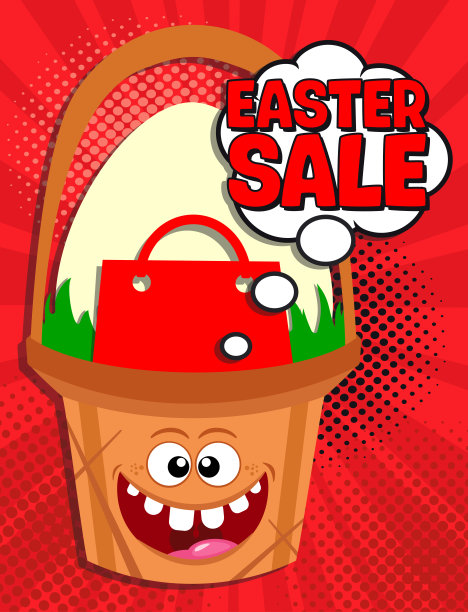 带有有趣的复活节篮子的复活节销售横幅。矢量背景在波普艺术风格图片下载
