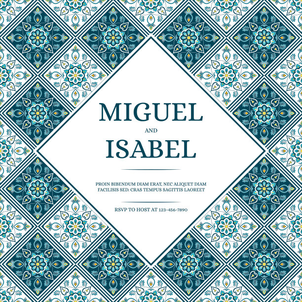 传统墨西哥婚礼邀请卡模板向量。复古的马赛克瓷砖图案与绿色，蓝色和绿松石纹理。几何背景图片下载