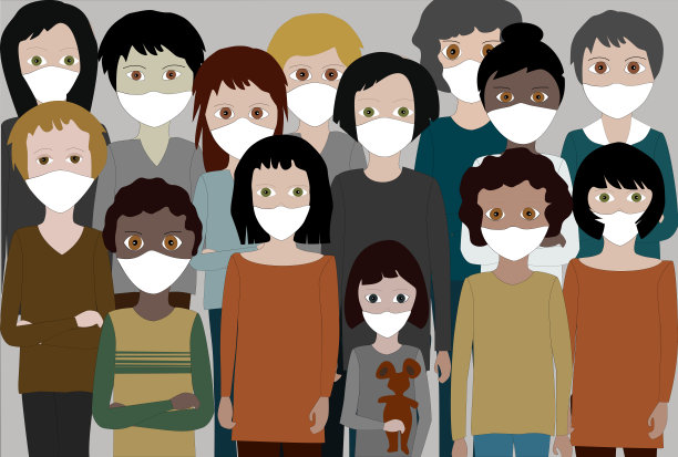 COVID-19在世界。人们戴着白色医用口罩的插图。图片下载