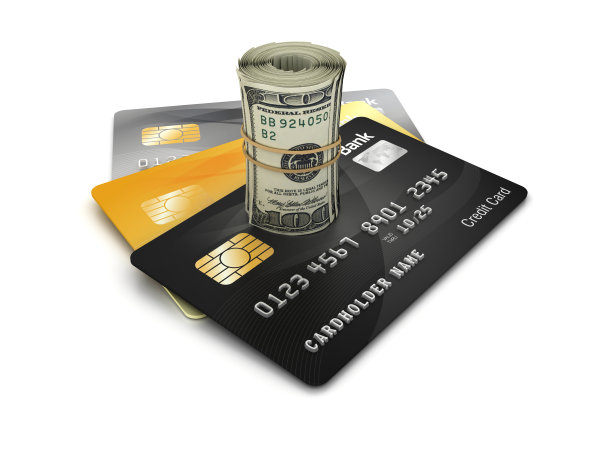 信用卡与美元钞票滚动- 3D渲染图片下载