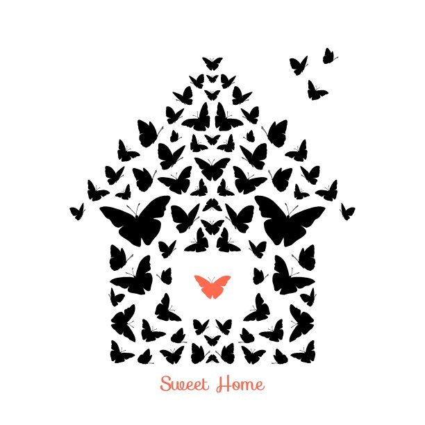 甜蜜的家插图。飞蝴蝶矢量背景。图片下载
