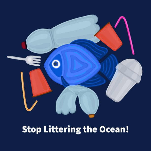 阻止海洋塑料污染。鱼在垃圾中游动。海洋生物受到威胁。垃圾在水里图片下载