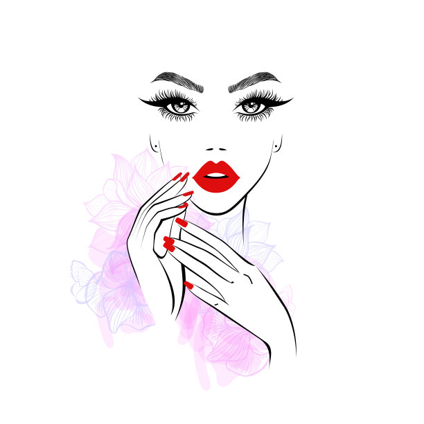 漂亮的女人有红色的嘴唇，手上有红色的指甲。美容标志，美甲艺术，睫毛延伸。矢量插图，花冠花，花卉动机，抽象花，水疗沙龙，标志，符号，指甲工作室。图片下载