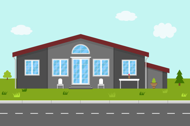 公寓风格的房子。家里有绿色的花园，街上有草和树。建筑没有栅栏。位于城镇或郊区的小屋，有屋顶、外部、入口和道路。房地产经纪人的偶像公寓。向量素材图片