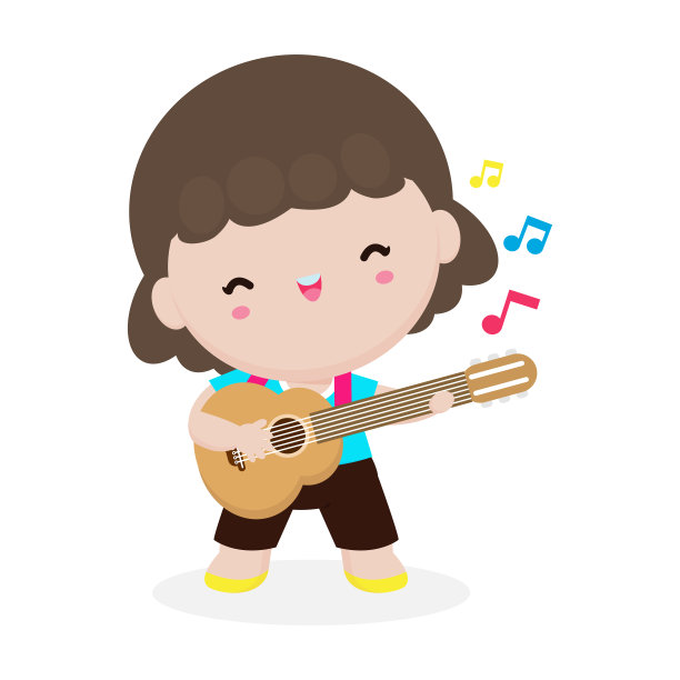 可爱的小朋友弹吉他，快乐的小朋友女孩弹吉他。音乐表演。孤立的矢量插图上的白色背景。在卡通风格图片下载