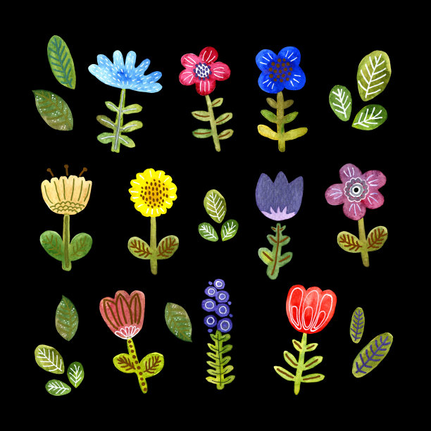 一套手绘水彩花在斯堪的纳维亚风格图片下载