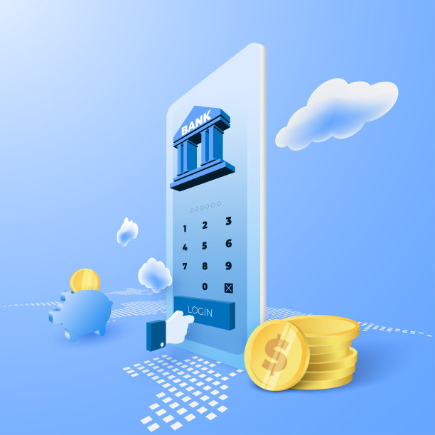 商业金融银行服务与移动应用和硬币在世界地图。带有安全概念的登录屏幕。矢量3d透视插图。素材图片