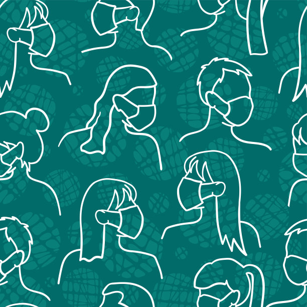 简单的手绘无缝图案与人群戴口罩保护他们-矢量设计图片下载