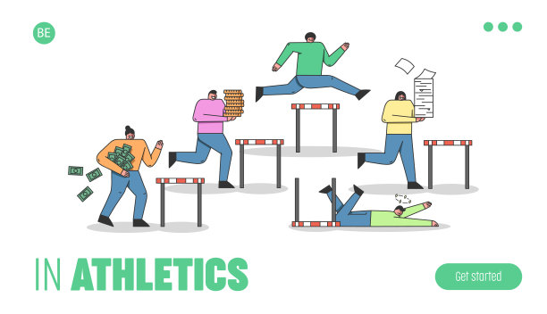 网站登录页面。角色在他们的商业道路上有一些困难，就像不同的障碍。把商业比喻成障碍赛。网页卡通线性扁平风格。矢量图图片下载