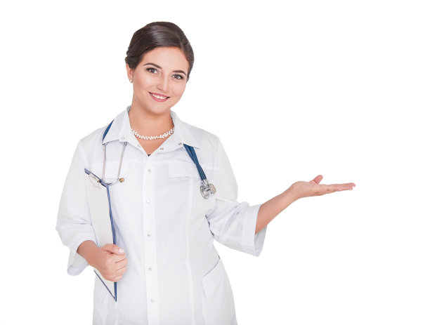 美丽微笑的女医生显示空手孤立在白色图片下载