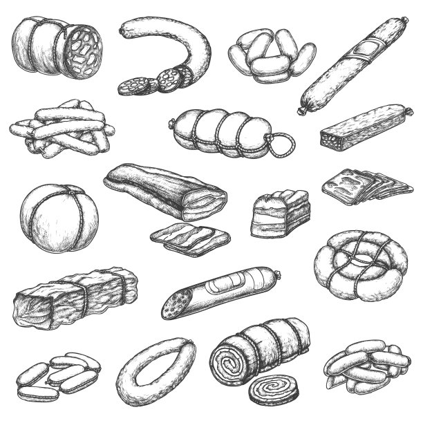 肉铺肉熟食，香肠素描图片下载