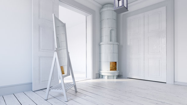 斯堪的纳维亚空公寓内部没有家具，大墙和景观在窗口。北欧室内。三维演示图片下载