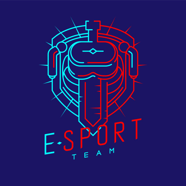 电子竞技图标轮廓描边在半径盾牌框架，VR头戴游戏设备和控制器设计插图孤立在深蓝色背景与电子竞技团队的文本和复制空间，矢量eps 10图片下载