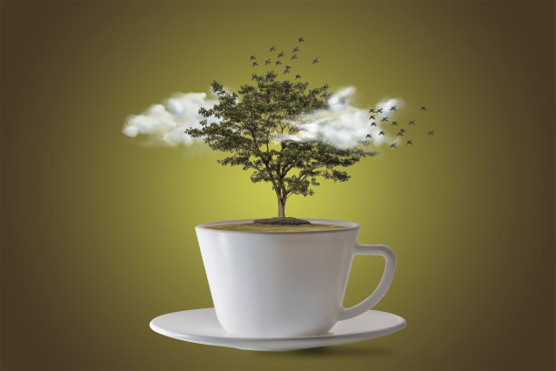 在草原和绿树下一杯天然清晨的咖啡，在草地上绿树成荫。自然图像。草地和绿树在图形的杯子里。图片下载