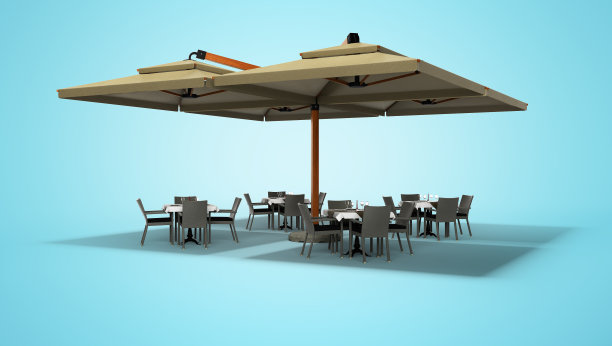 伟大的雨伞为餐厅在中央支柱咖啡馆隔离3D渲染在蓝色背景与阴影图片下载