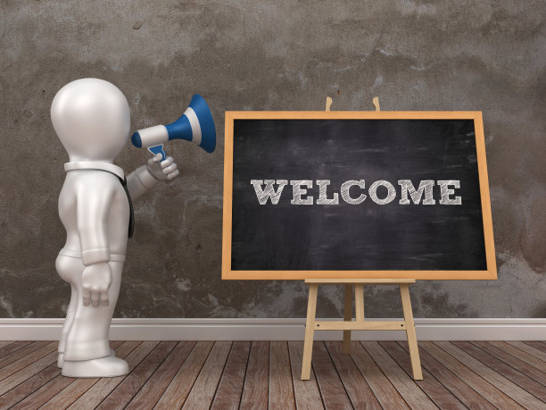 商业字符与扩音器和画架欢迎字- 3D渲染图片下载