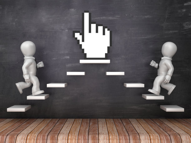 商业字符在步骤与手光标在黑板上- 3D渲染图片下载