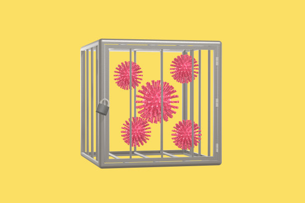 病毒被打败并被锁在一个细胞里。非典型肺炎病毒分子群滑稽可怕的卡通人物。阻止大流行、流感、冠状病毒在黄色背景分离。三维渲染图片下载