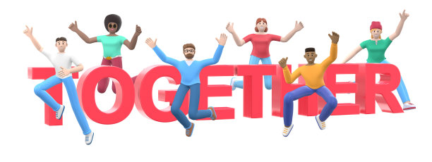 单词一起在白色的背景上。一群年轻的多元文化的快乐的人们一起蹦蹦跳跳。横横幅卡通人物及网站标语。3 d渲染。图片下载