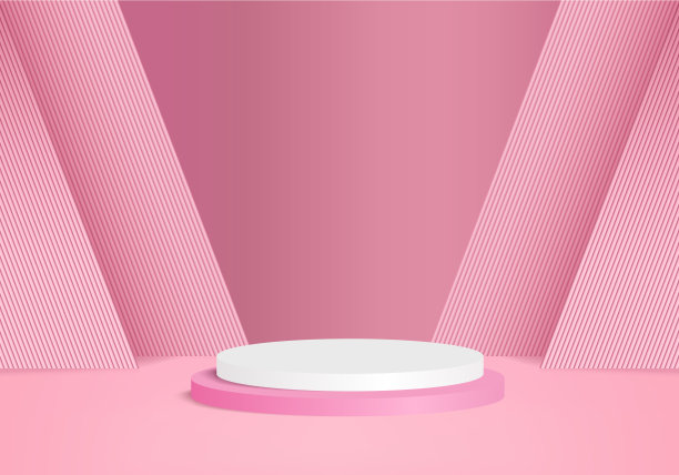 背景矢量模型3d粉红裙房和最小的粉色墙场景，最小抽象背景三维模型抽象几何形状粉蜡粉颜色。舞台上的奖项在现代网站。图片下载