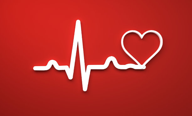 红色背景下红色心脏上方的白色心电图线。图片下载