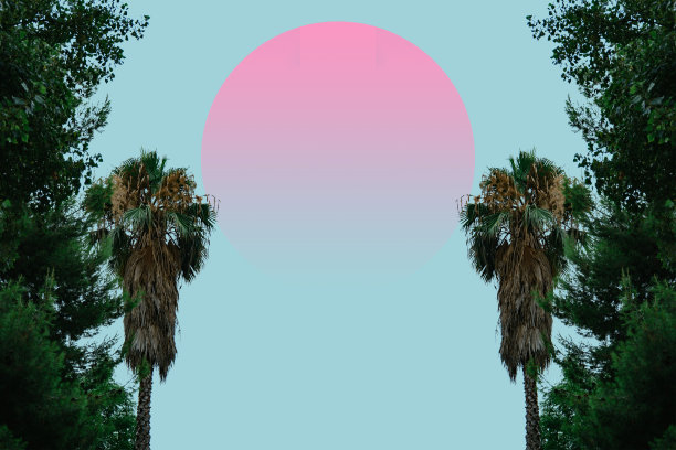 美丽抽象的超现实景观拼贴概念，当代色彩和情绪的社会背景。图片下载